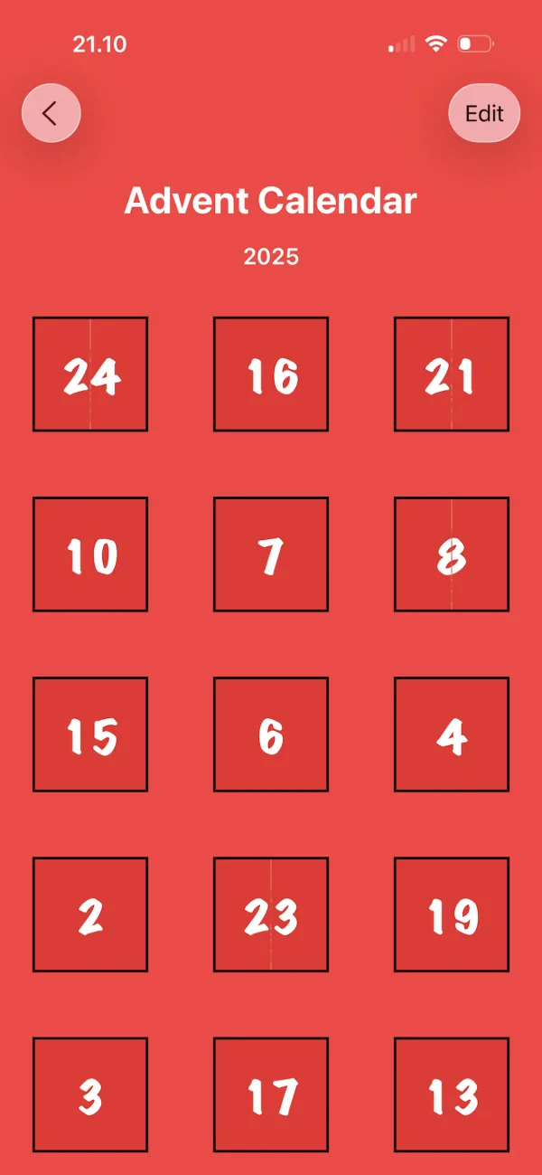 Advent calendar with 24 numbered doors in the Advent Maker app