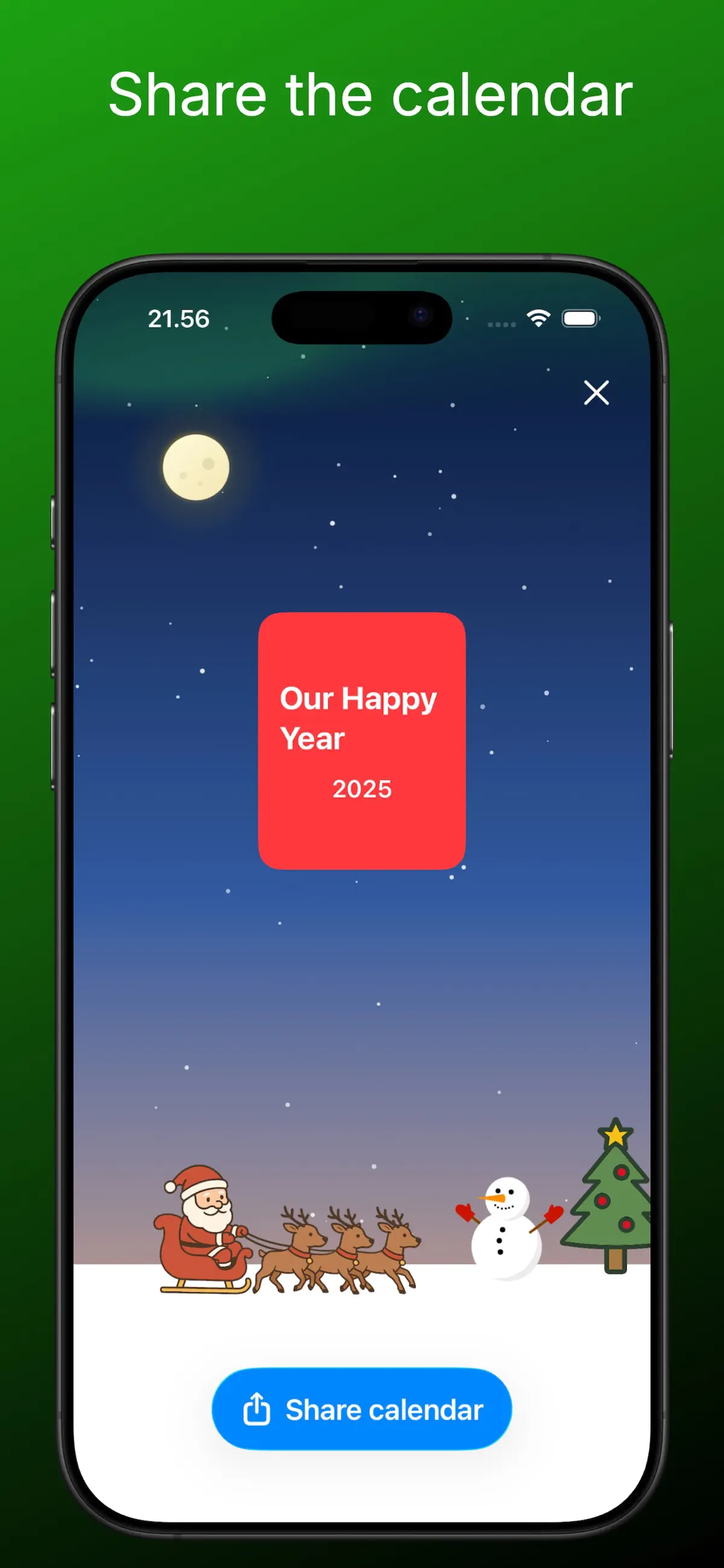 Share the advent calendar screen with Santa and snowman illustration