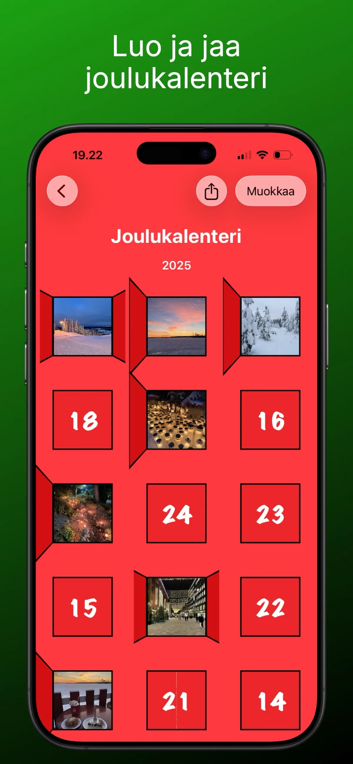 Joulukalenterin luonti ja jakaminen — 24 luukun ruudukko iPhonessa